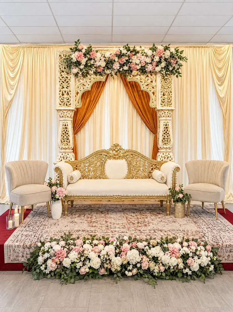 Scène de réception avec arche sculptée, fleurs et canapé doré