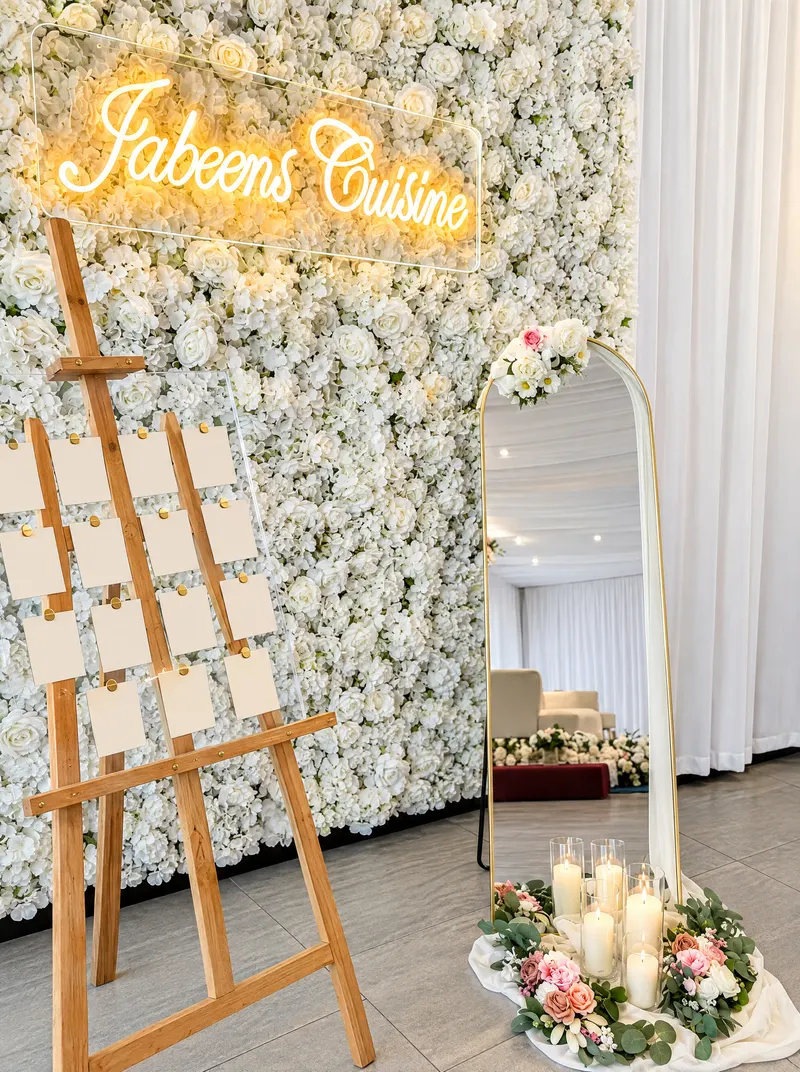 Mur de fleurs, chevalet de plan de table et miroir décoré