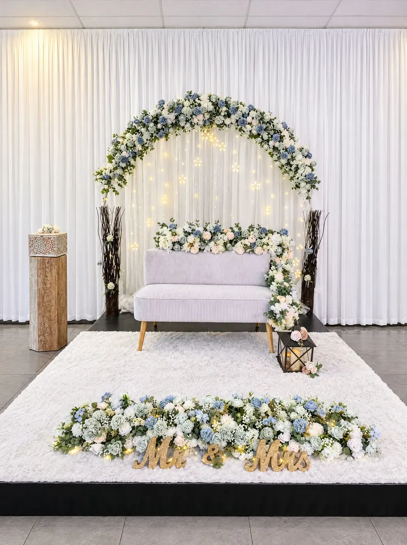 Estrade avec arche florale et lettres Mr & Mrs